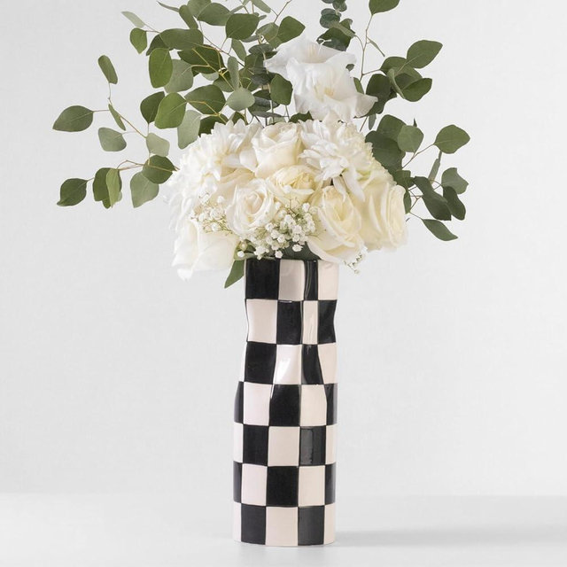 Reimagine Discovery Large Checkered Vase, Modern Home Decor, Decorative Ceramic Flower Vase, Aesthetic Black & White Room Decor for Office, Bedroom, Living Room (11.25” Tall)