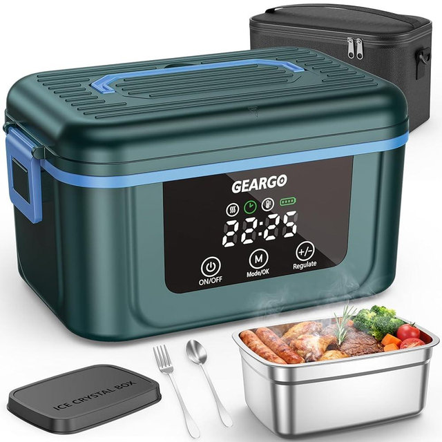 GEARGO 𝟐𝟎𝟐𝟔 𝐔𝐩𝐠𝐫𝐚𝐝𝐞𝐝 Cordless Electric Lunch Box, 6.3 Cups & 20000mAh Rechargeable Heated Lunch Box with Ice Crystal Box, 24 Hours Scheduled Self Heating Lunchbox For Men Women
