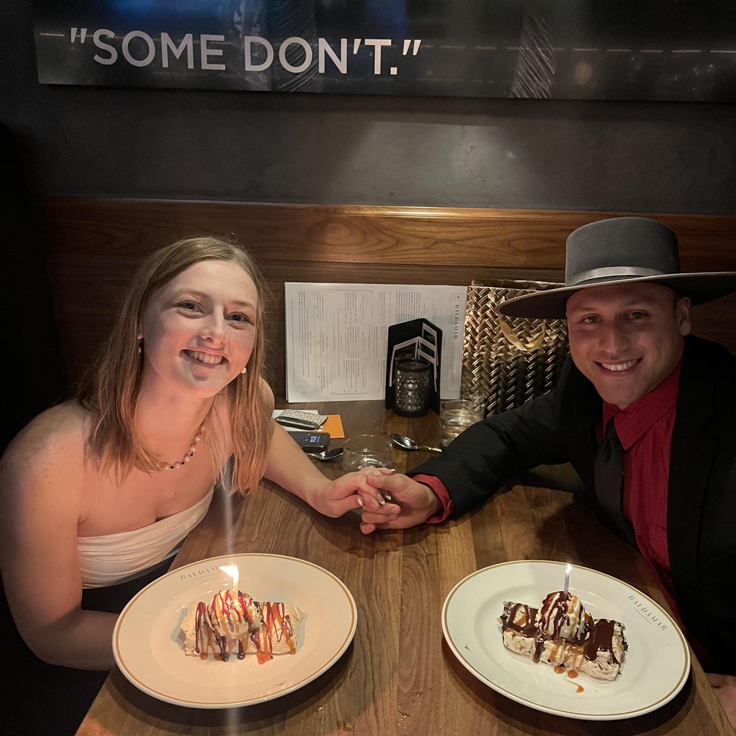 November 14, 2025
Jace proposed to Kiera and they went to a fancy restaurant and shared 40 day aged steaks. They also got ice cream cake as a special birthday and engagement treat.