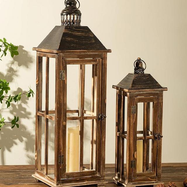 Large Farmhouse Wooden Decorative Lantern Set of 2, Rustic Distressed Brown Burnt Wood Floor Candle Lanterns, Indoor/Outdoor Hanging Lanterns for Home Decor (No Glass)