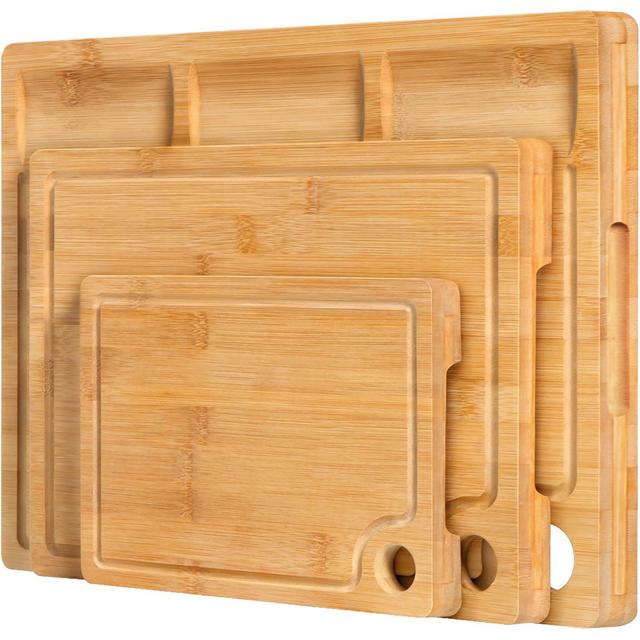 Bamboo Cutting Boards for Kitchen, (Set of 3) Kitchen Chopping Board with 3 Built-In Compartments and Juice Groove Heavy Duty Serving Tray Wood Butcher Block and Wooden Carving Board with Hole