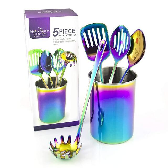 The Magical Kitchen Collection Iridescent Rainbow 5 Piece Set Cooking Utensils with Holder Accessories Include Spatula, Slotted Spoon, Solid Spoon, Spaghetti Server. Premium Grade Stainless Steel