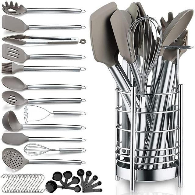 Berglander Kitchen Utensils Set 38 Pieces Non-stick Silicone Cooking Utensils Set, Kitchen Tools Set, Spoon Spatula Set With Sturdy Stainless Steel Utensil Holder, Dishwasher Safe