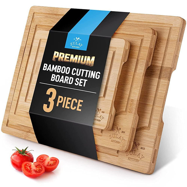 Zulay Kitchen 3-Piece Bamboo Cutting Board With Juice Groove - 100% Thick Wood Cutting Board Set - Large Cutting Board Bamboo With Handle - Wood Cutting Boards For Kitchen