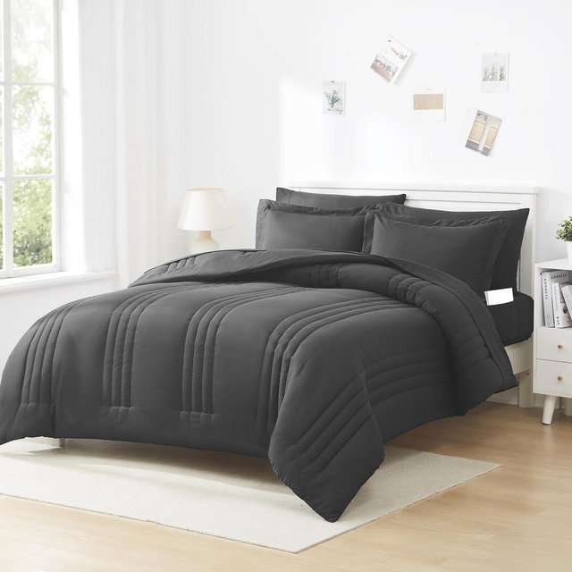 8 Piece Quilted Solid Stripe Comforter, Sheet Set and Mattress Protector Bedding Bundle - Queen, Charcoal