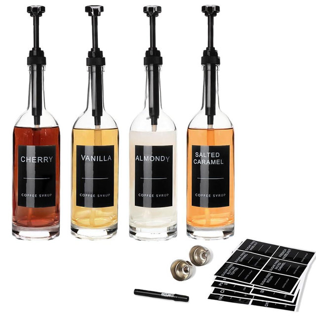 MSTCMZP 25.4 oz 750 ml Coffee Syrup Dispenser Set - 4 for Coffee Bar Coffee Syrup Pump Dispenser With Pump & Lables Glass Syrup Bottle Included -Coffee Bar Accessories(4 Black)