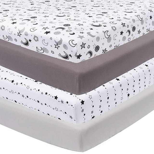 4 Pack Star and Moon Neutral Unisex Fitted Baby Crib Sheets Set for Baby Boys or Girls (White)