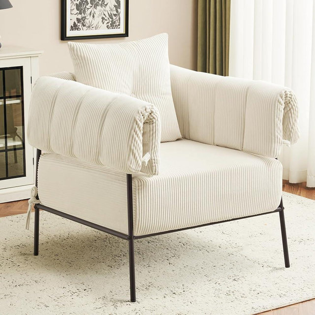 Furniliving Modern Accent Chairs Comfy Chairs with Pillow Lounge Chair Reading Chair for Living Room Upholstered Bedroom Arm Chair with Metal Frame, Armchair, Soft Cushion, Corduroy, Beige