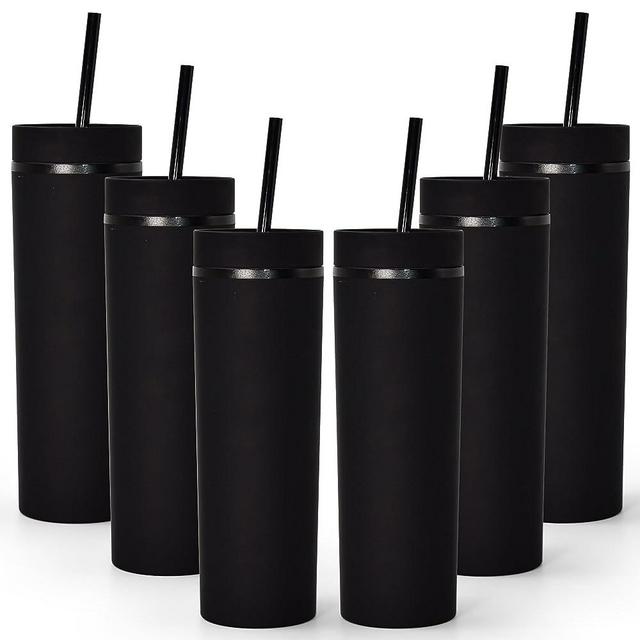 sweet grain Skinny Tumblers with Lids and Straws, 16oz 6 Pcs Matte Acrylic Double Insulated Water Tumbler Bulk, Reusable Double Walled Acrylic Colored Tumblers Set for Iced Coffee (Black)