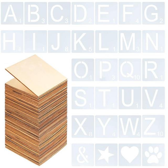130 Pieces 4 x 4 Inch Letters Stencil Symbol Stencils and Unfinished Square Wood Set Includes 26 Alphabet Stencils, 4 Symbol Stencils and 100 Wood Squares for DIY Home Craft Room Wall Art Decor