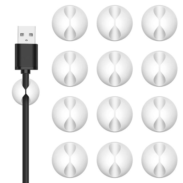 Flezoo Cord Holder Cable Clips - 12PCS White Cable Cord Organizer, Adhesive Charger Wire Cord Clips, Cable Management Keeper, Wire Cable Holder for Nightstand, Desk, Office, Mouse Cord or Appliances