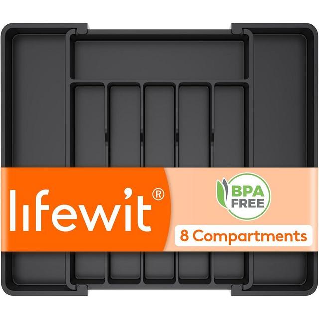 Lifewit Silverware Drawer Organizer, Expandable from 11 to 18 inches, Utensil Tray for Kitchen, BPA Free Flatware Cutlery Holder, Adjustable Plastic Storage for Spoons Forks Knives, Large, Black