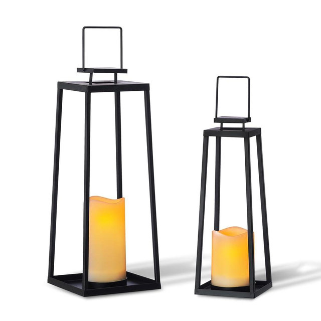 Solar Lantern Decorative Outdoor Set of 2 (18’’ & 15’’) Modern Black Metal Lanterns with Solar Candles, Decorative Candle Lanterns for Outdoor Porch, Patio, Garden, Yard Decor