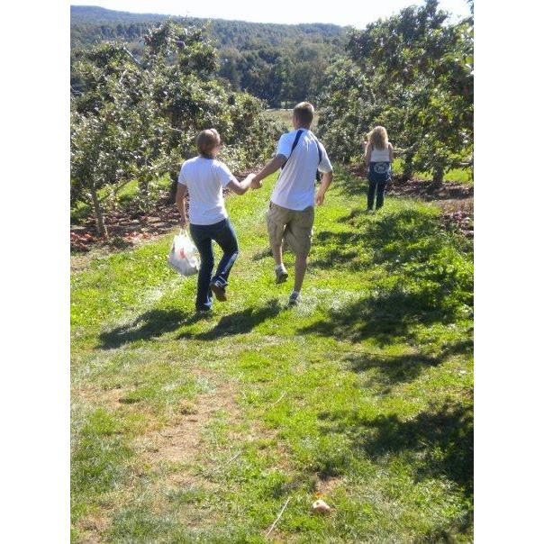 Skipping through apple orchards.