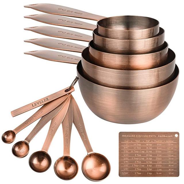 Smithcraft Copper Plated Measuring Cups and Measuring Spoons Set of 12, Stainless Steel Measurer Cups and Measurement Spoons with Leveler and Measure Equivalents for Kitchen and Baking