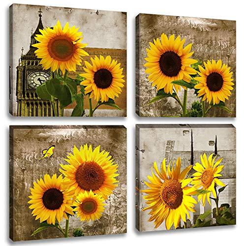 Sunflower Canvas Wall Art Blooming Yellow Flower Painting Artwork 4 Panels Abstract Floral Picture for Living Room Farm Home Decor Ready to Hang