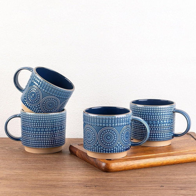 GBhome 12OZ Stackable Coffee Mugs, Ceramic Coffee Mugs with Texture Patterns for Man,Woman,Dad,Mom, Modern Coffee Mugs Set of 4 for Latte/Cappuccino/Cocoa. Dishwasher&Microwave Safe
