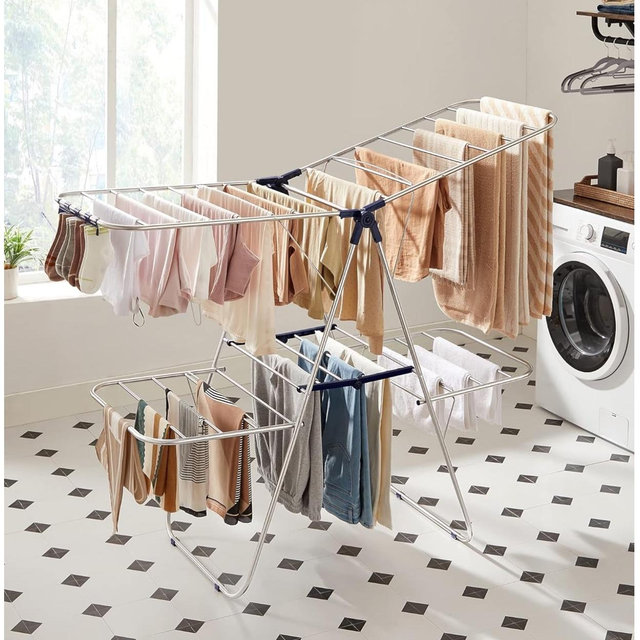 SONGMICS Clothes Drying Rack, Foldable 2-Level Laundry Drying Rack, Free-Standing Laundry Airer, with Height-Adjustable Wings, 33 Drying Rails, Sock Clips, Silver and Blue ULLR53BUV1