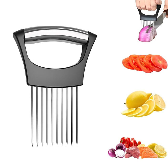 Onion Slice Holder, 2026 New Stainless Steel Onion Slice Holder Lemon Slicer Vegetable Cutter, Multifunctional Chopper Assistant Kitchen Slicer Tool for Fruit, Meat, Tomato, Onion Slicing ﻿ (1pcs)