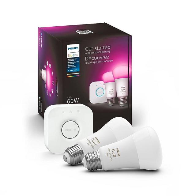 Philips Hue White and Color Ambiance Smart Light Starter Kit, Includes (2) 60W A19 Smart Bulbs with Hue Bridge, Compatible with Alexa, Apple HomeKit and Google Assistant