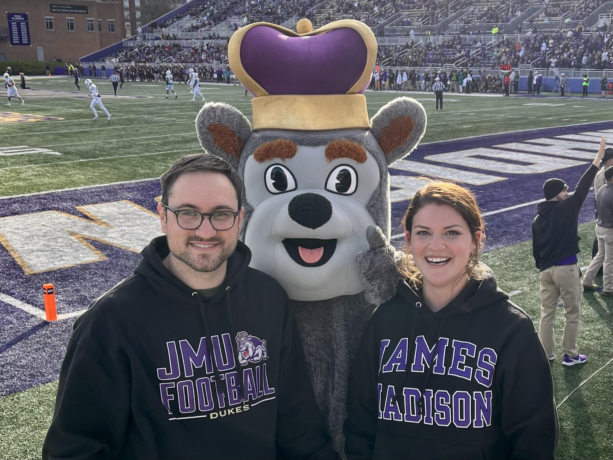 We love JMU football! All though we together have attended 3 universities, only 1 has had a football team. Go DUKES!