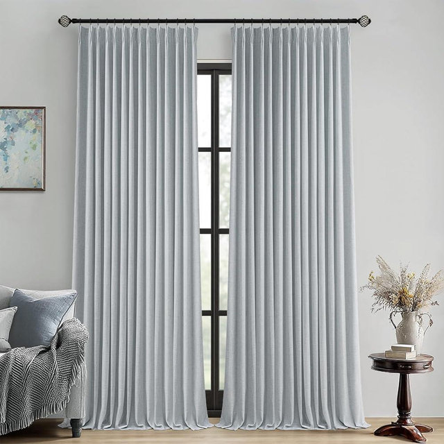 MIULEE Grayish Blue Pinch Pleated 100% Blackout Linen Curtains 90 Inch Length 2 Panels Set, Black Out Memory Trained Pleat Curtains Light Blocking Room Darkening Drapes for Bedroom Living Room Window