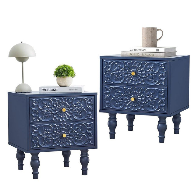 Sylphorium Nightstand, Farmhouse Bedside Table with 2 Drawers and Metal Handles, Wood Sofa Side Table End Table Accent Dresser for Bedroom, Living Room (Blue-2 Packs) (15.75 x 16.02 x 18.15 Inch)