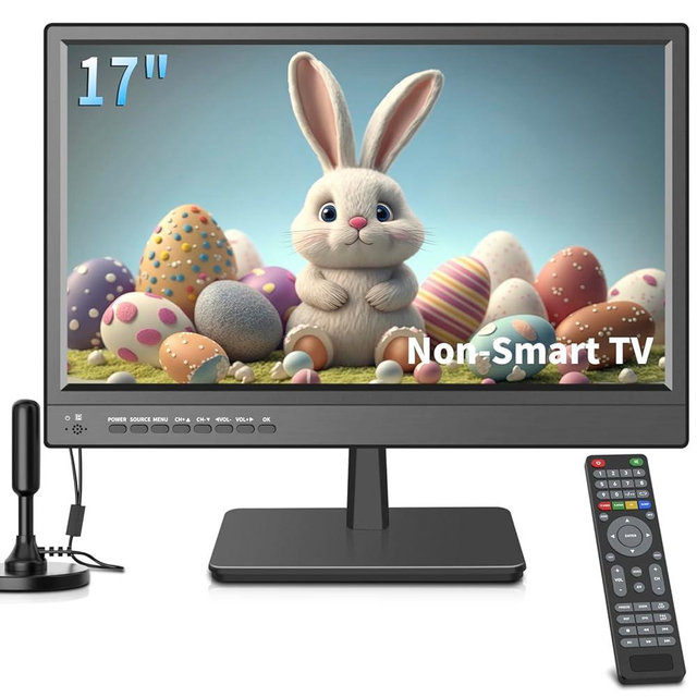Jexiop 17inch TV,Small Flat Screen TV with ATSC Digital Tuner-HDMI &USB Port in-Dual Power-12 Volt Charger Cable and AC Power Suitable-for Caravan,Kitchen,Bedroom