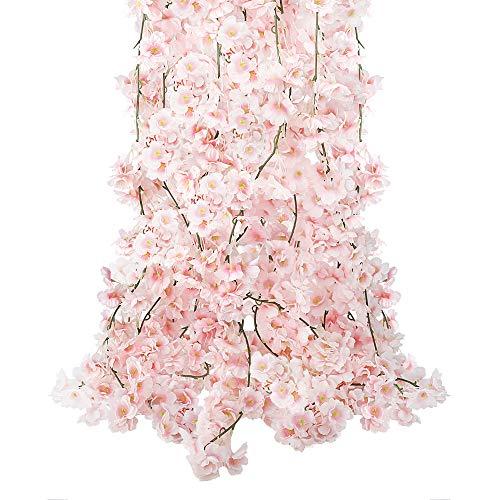 CEWOR 4pcs Artificial Cherry Blossom Flower Vines Hanging Silk Flowers Garland for Wedding Party Home Decor