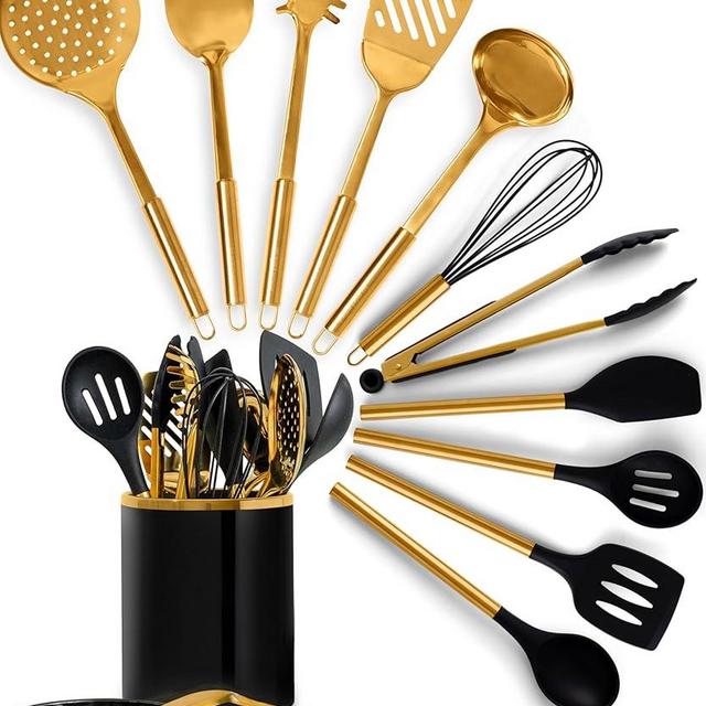 STYLED SETTINGS Black and Gold Cooking Utensils Set - 13-Piece Kitchen Set with Black Ceramic Utensil Holder and Stackable Gold Spoon Rest - Luxury Kitchen Accessories for Stylish Cooking and Serving