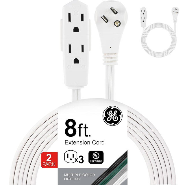 GE 3-Outlet Flat Extension Cord 8 Ft Grounded Extension Cord with Multiple Outlets 3 Prong Outlet Extender Flat Plug Power Strip Indoor Extension Cord 16 Gauge UL Listed 2 Pack White 57366