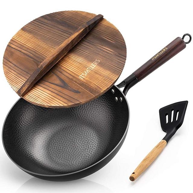 ITSMILLERS Traditional Carbon Steel 12.5 Inch Hand Hammered Iron Wok and Stir Fry Pan with Lid and Spatula