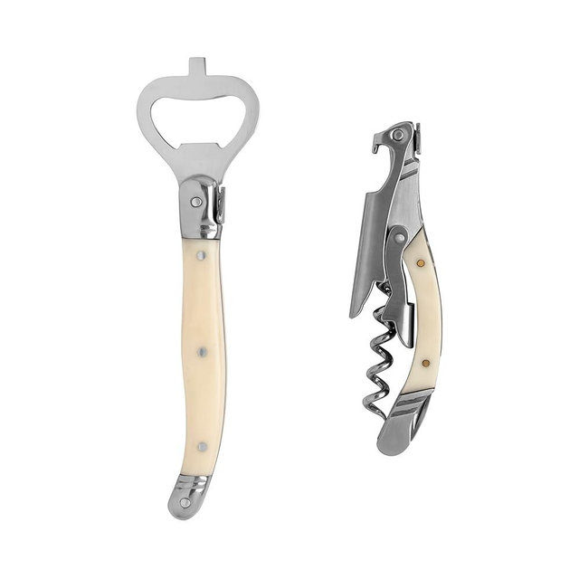French Home Laguiole 2 Piece Bar Set – 1 Corkscrew Wine Opener & 1 Bottle Opener – Stainless Steel Bottle Openers with Faux Ivory Handles