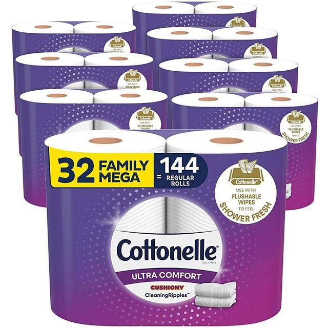 Cottonelle Ultra Comfort Toilet Paper with Cushiony CleaningRipples Texture, 32 Family Mega Rolls (32 Family Mega Rolls = 144 regular rolls) (8 Packs of 4 Rolls) 325 Sheets per Roll