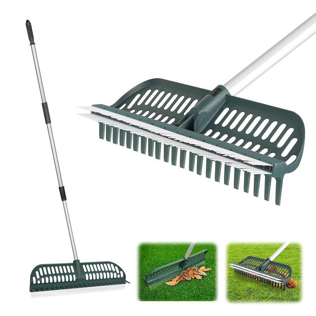 ORIENTOOLS Garden Leaf rake 2 in 1 Turf Rake for Artificial Grass and Lawn Rake with Telescopic Steel Handle, 49" to 63" Long Handle Multifunction Rake for Artificial Grass Yard Lawn Shrub Garden