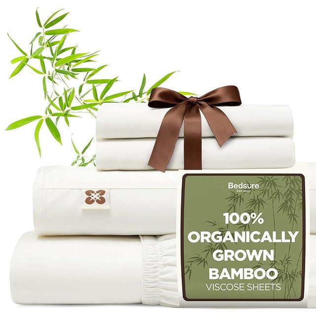 Bedsure 100% Organically Grown Bamboo Viscose Sheets - 18 Inches Deep Pocket Sheets with Elastic Corner, Queen Sheet Set, Ultra-Soft, Silky & Cooling Bedsheets, Oeko-Tex, 4 Pieces, Ivory
