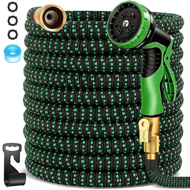 100 ft Expandable Garden Hose, Lightweight Expanding Water Hose with 10 Function Nozzle, 3/4" Solid Brass Fittings, 5-Layer Latex Core, No-Kink Flexible Retractable Hose for Patio, RV, Car Washing