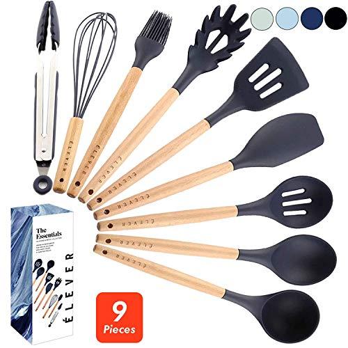 ÉLEVER Kitchen Utensil Set - 9 Cooking Utensils. Kitchen Gadgets for Nonstick Cookware Set. Kitchen Accessories, Silicone Spatula set, Serving Utensils. Best Silicone Kitchen Utensils Tools Gifts