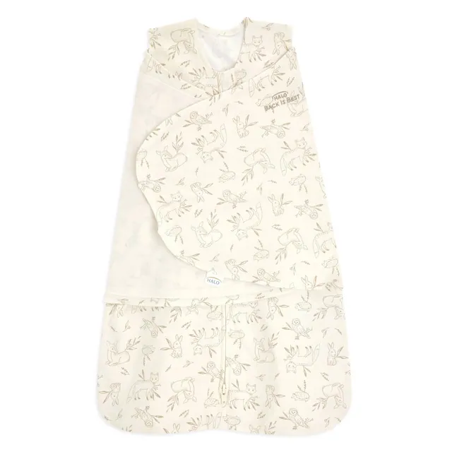 HALO Baby 100% Cotton 1.5 TOG Sleepsack Sleeveless Swaddle Wrap - Lullaby Forest S: Inverted Zipper, Swaddle Wrap Neckline