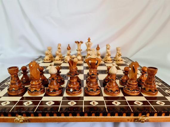 Personalized Wooden Chess Set, Carved by Hand, 3 Sizes