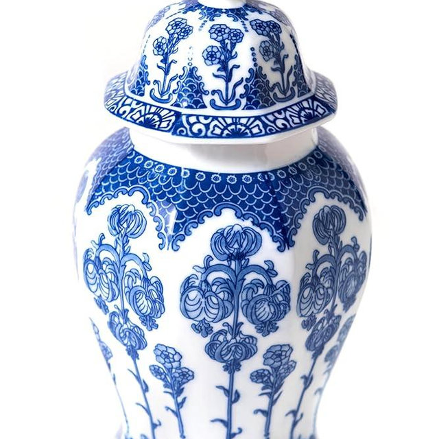 Blue and White Ginger Jar, Ceramic Chinoiserie Decorative Jars for Home, Office, Blue Vase Porcelain, Blue and White Decor for Table, Living Room, Bookshelf, Mantle Fireplace, Centerpieces.10 H
