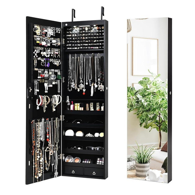 NAFORT 2 LEDs Jewelry Armoire with Full Length Mirror, 47.5”H Wall or Door Mounted Jewelry Cabinet with 2 Drawers, Lockable Jewelry Organizers and Storage, Hanging Jewelry Organizer, Black