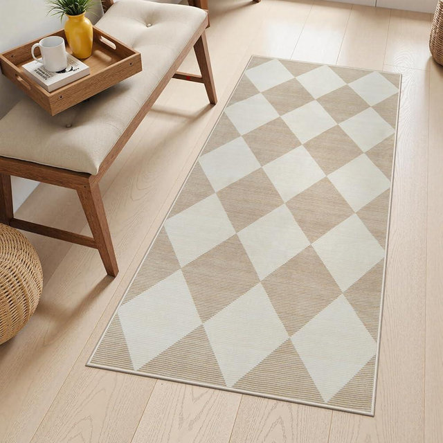 Beeiva Checkered Print Washable Runners for Hallways 2x4, Ultra Thin Beige Small Rugs for Entryway Low Pile Non Slip Bathroom Rug, Moroccan Neutral Throw Rug for Kitchen Laundry Bedroom (2'x4')