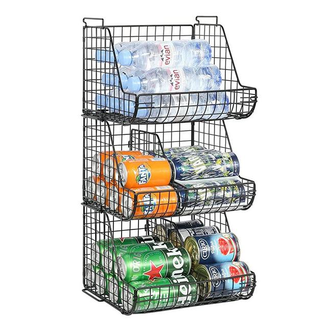 Stacking Can Dispensers 3 Tier with 3 Divider, Pantry Can Organizer, Standing Water Bottle Holder, Beverage Drink Pop Soda Can Storage Basket, Canned Food Container Rack Wire Bins for Kitchen Cabinet