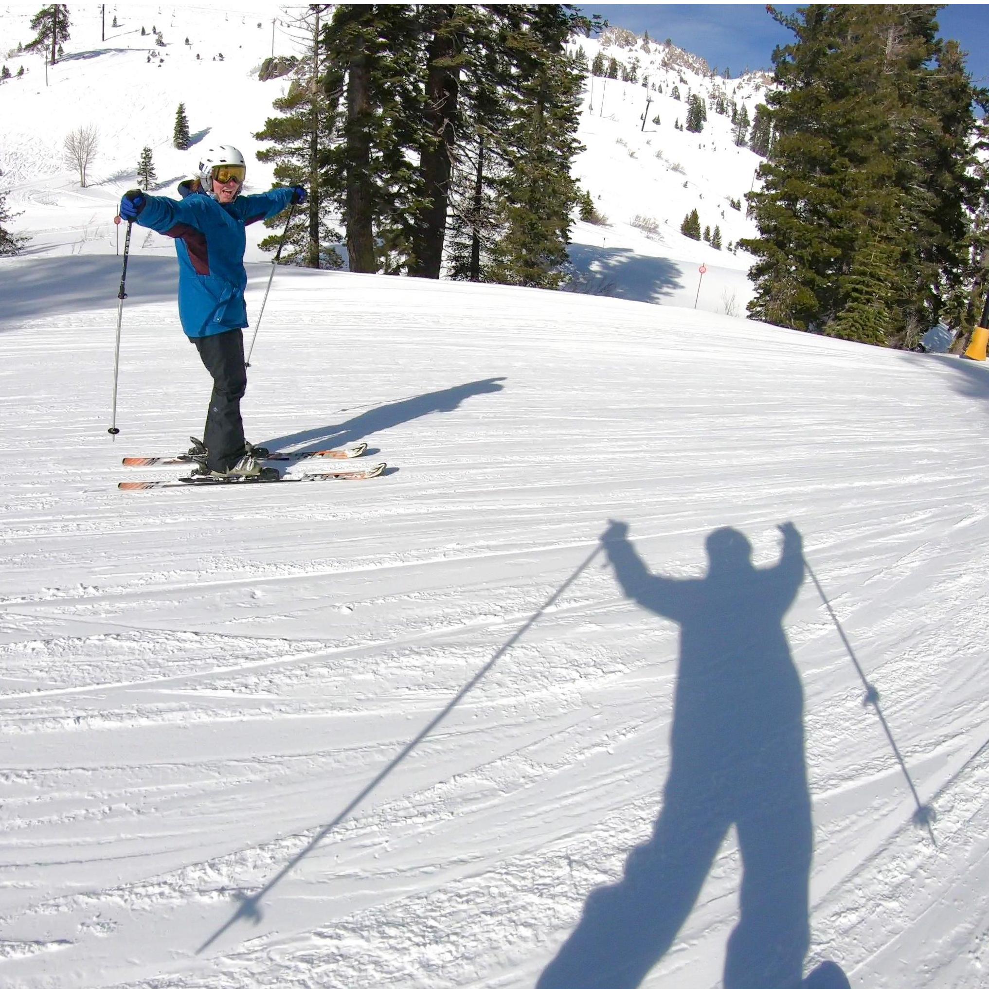 Skiing together at Squaw! We like to have fun.
