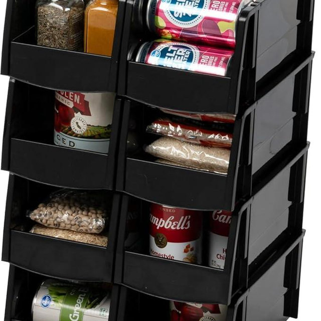 IRIS USA Medium Stackable Storage Bins, 8-Pack, 11" L x 6" W x 5" H, |Made in USA|, Plastic Open Front Shelf Bin for Organizing Parts, Hardware, Tools, Supplies, Garage Shelf, Pantry - Black