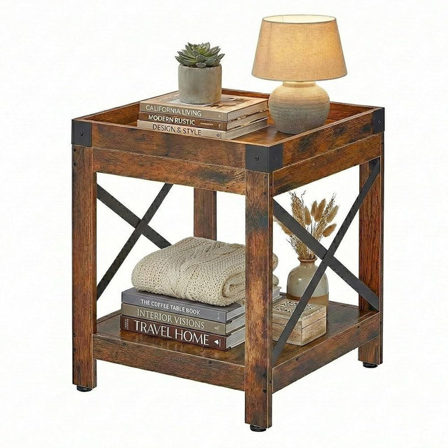 Farmhouse Square Side Table with Open Storage Shelves, Large End Table Modern Sofa Table with X-Metal Frame,Industrial Nightstand Coffee Table for Living Room Bedroom Office Small Spaces, Rustic Brown