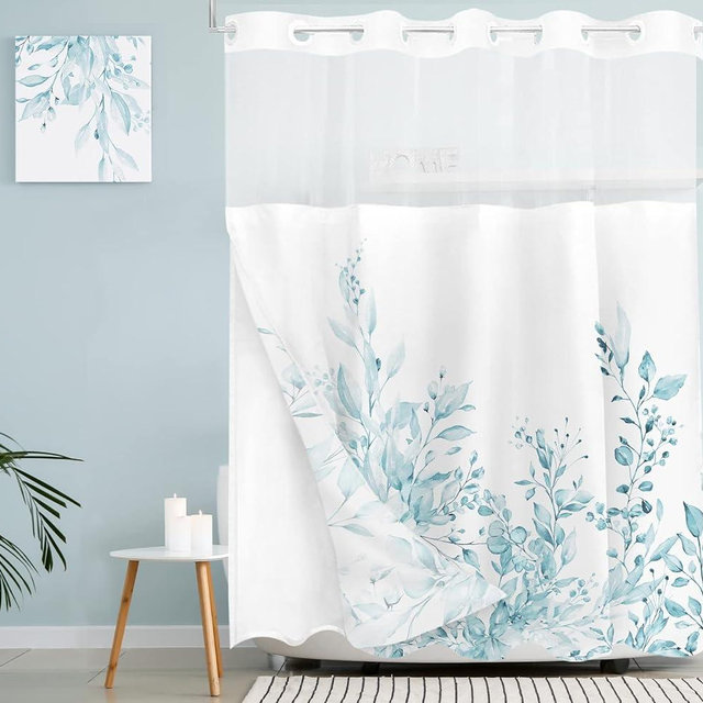 Tititex No Hooks Snap in Liner Spun Sugar Light Blue Eucalyptus Leaves Shower Curtain Sets, Hotel Luxury Double Layers Waterproof Fabric & See-Through Top Window Bathroom Decorative 72x72 Inch