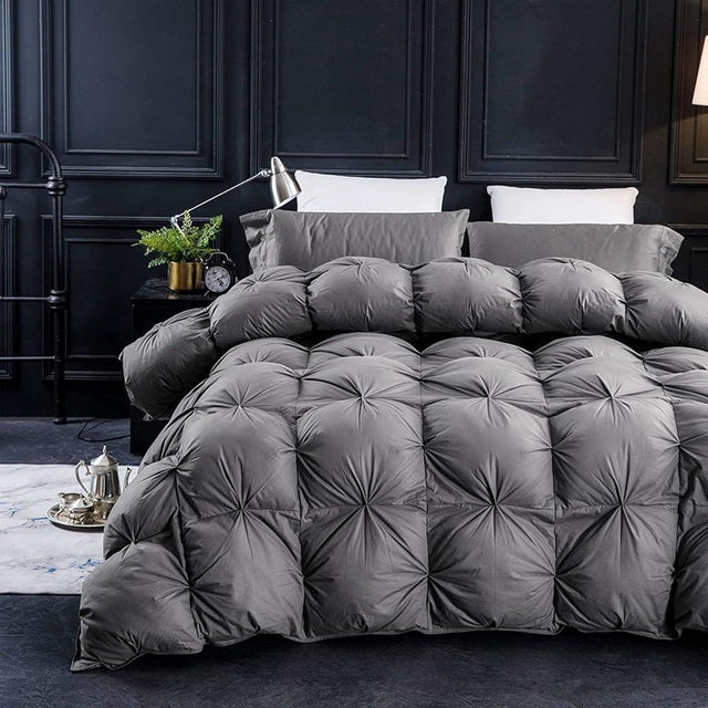 Three Geese Pinch Pleat Feathers Down Comforter Queen Size Duvet Insert, 750+ Fill Power, 1200TC 100% Cotton Fabric, All Seasons Premium Grey Down Comforter with 8 Tabs.