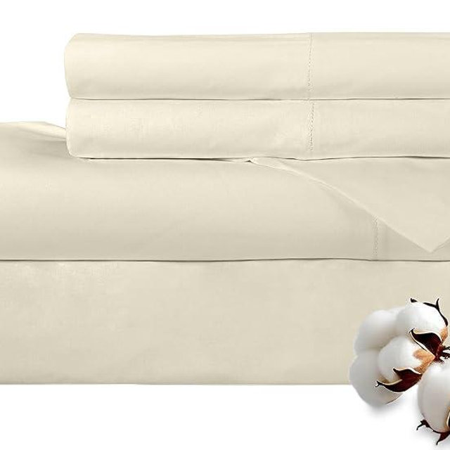 ROYALE LINENS 300 Thread Count 100% Long Staple Combed Cotton Sheet Set - 4 Piece King Bed Sheets - 1 Fitted, 1 Flat & 2 Pillow Cases - Soft Cool & Crisp Sheet Set (King, Ivory)